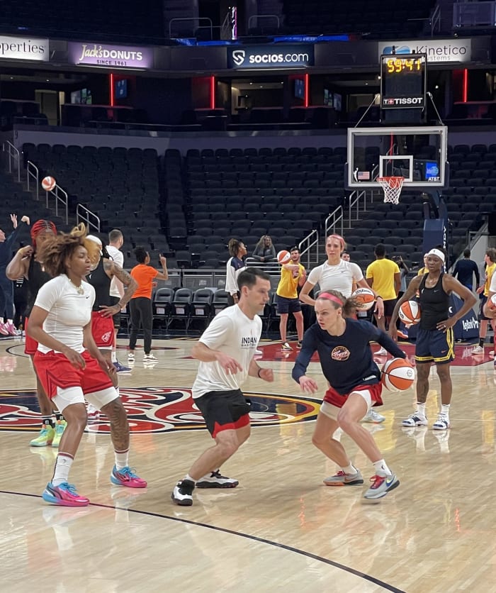 Grace Berger warms up before the Indiana Fever's opening night matchup versus the Connecticut Sun on Friday, May 19 at Gainbridge Fieldhouse.